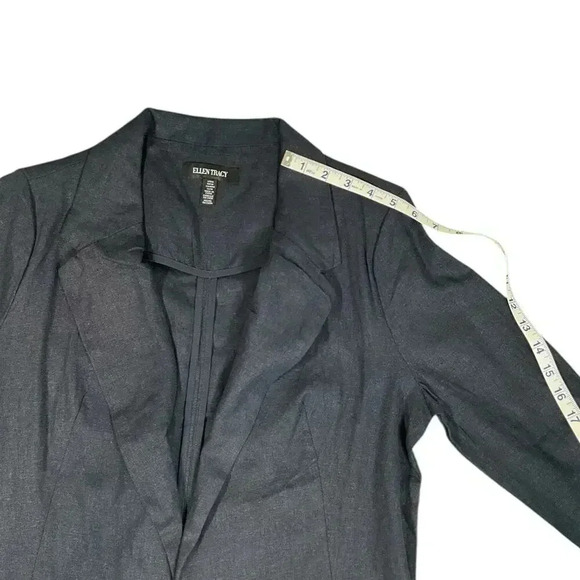 Ellen Tracy Open Front Linen Blend Blazer Size Medium Navy Blue Gold Ring - Picture 10 of 12